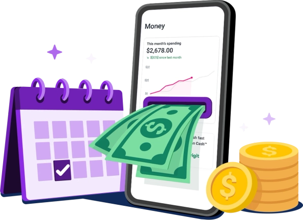Graphic cash with calendar and coins.