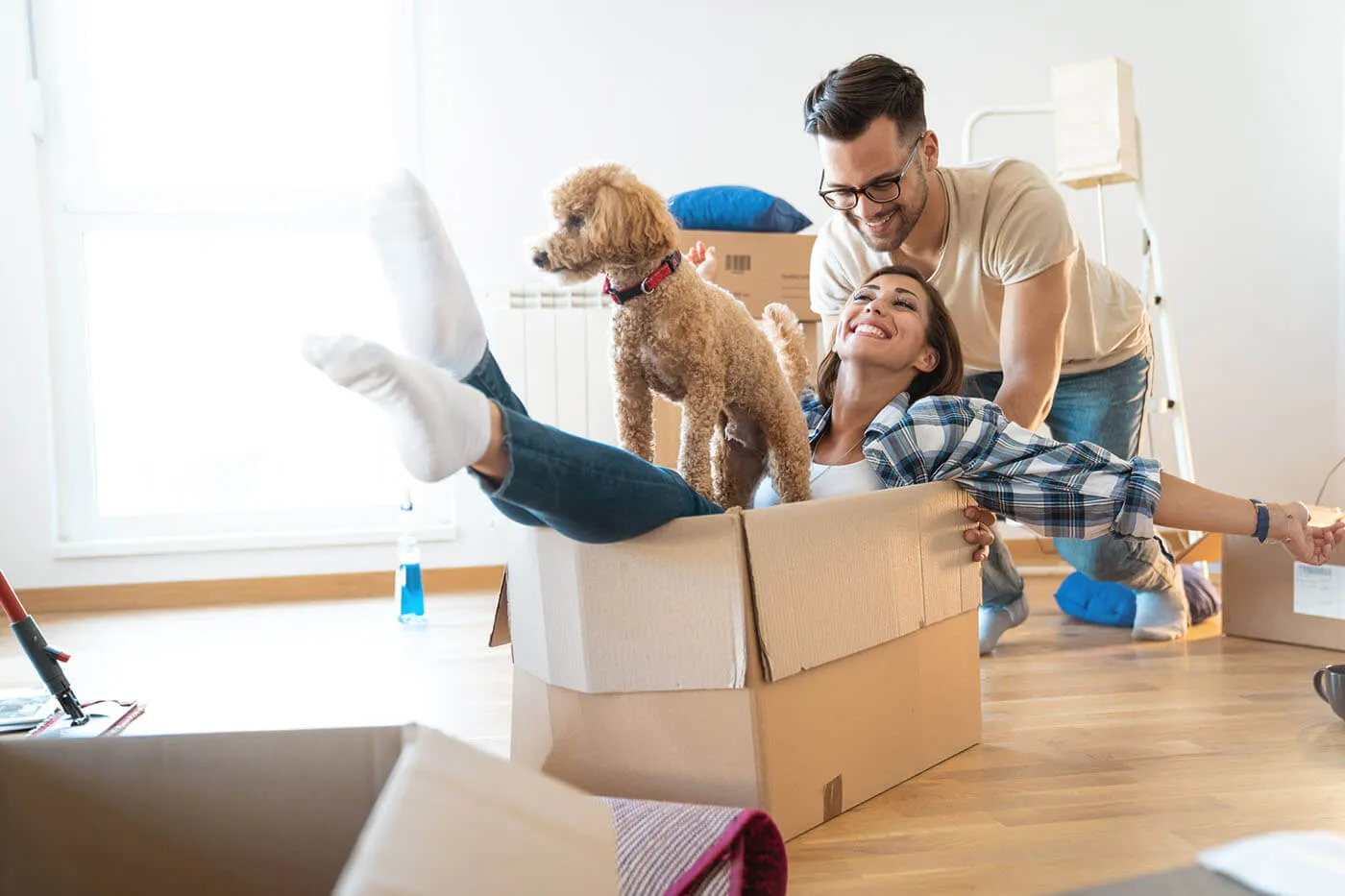 Happy couple and their dog having fun in their new apartment, playing with empty moving boxes