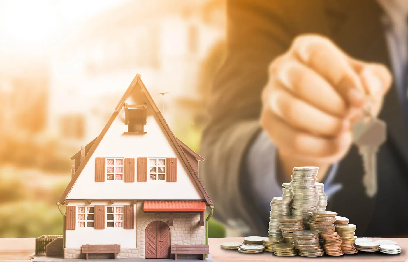 house replica decor next to stacked coins against background of man's hand holding key