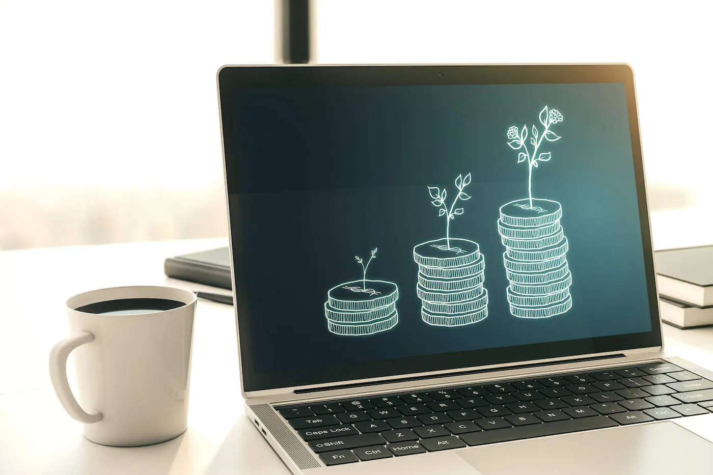 open laptop beside white cup of coffee on table by window