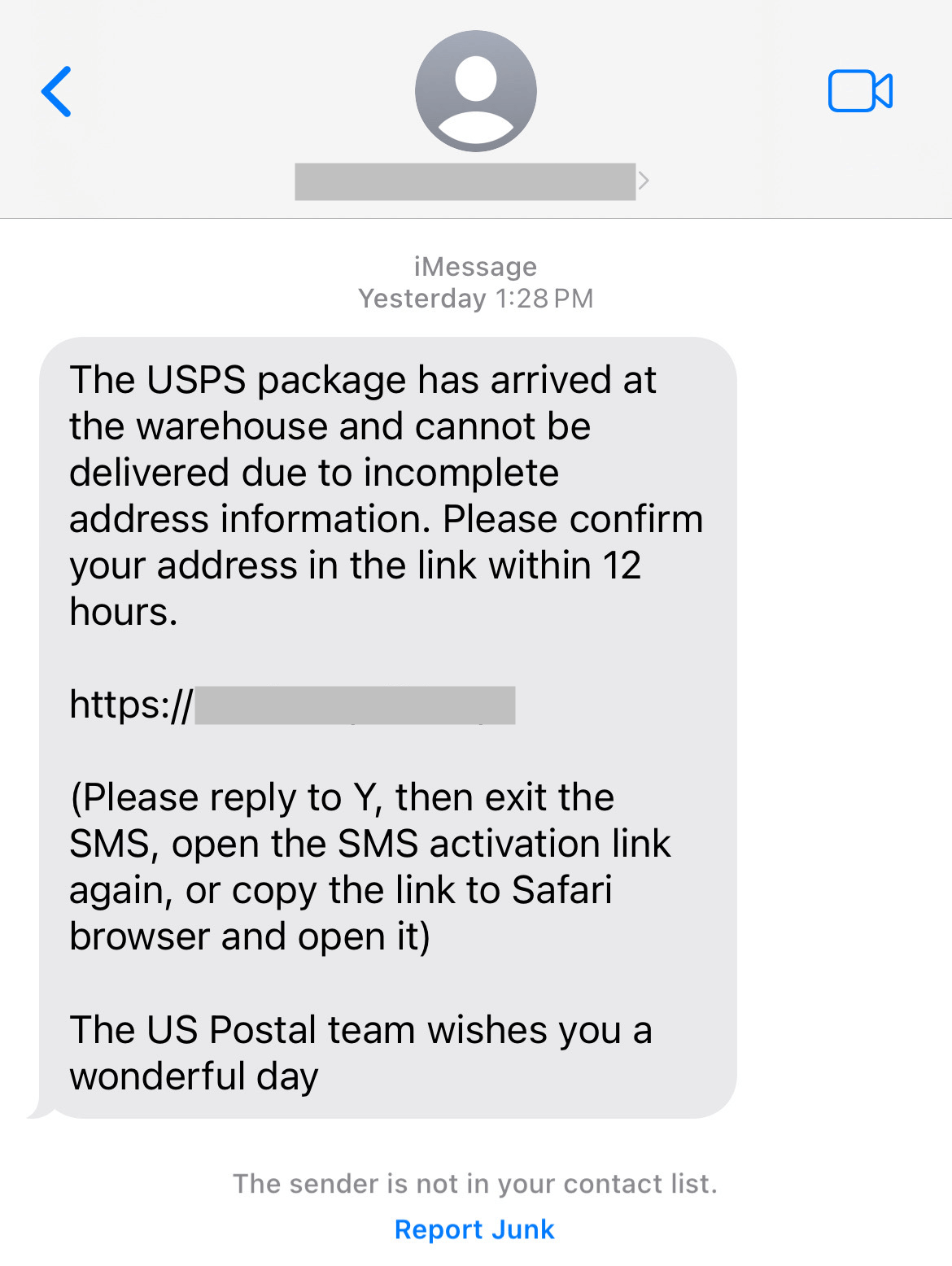 USPS Smishing Text Message Example