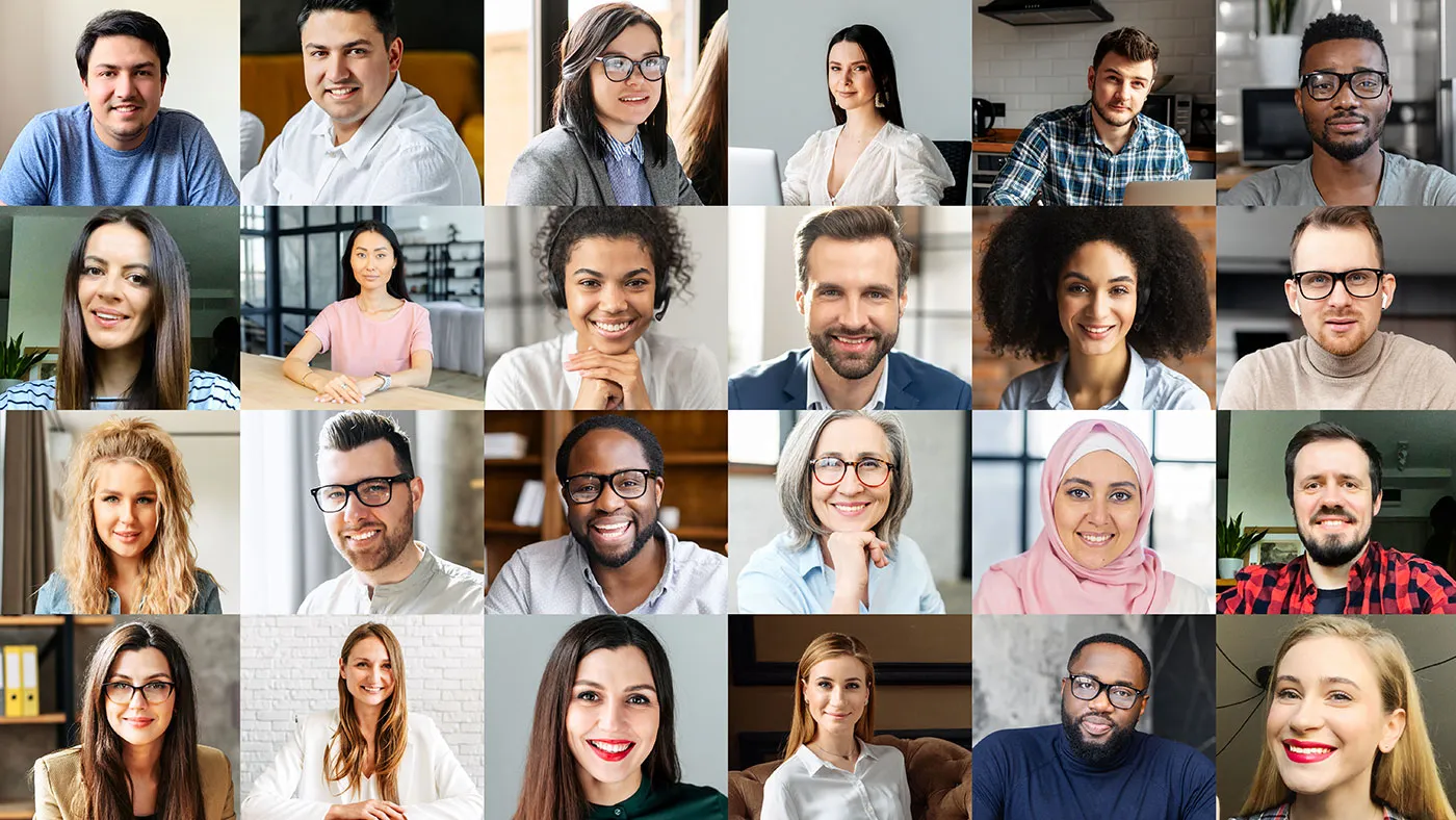 A collage of different people smiling at the camera.