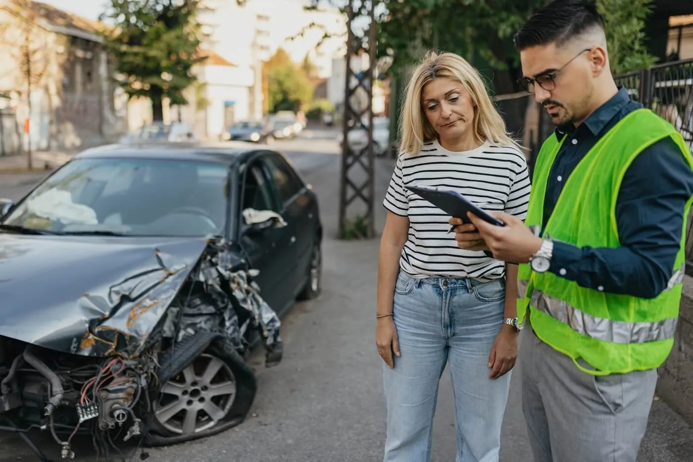 Mature woman standing next to a male insurance agent who is assessing a totaled black car