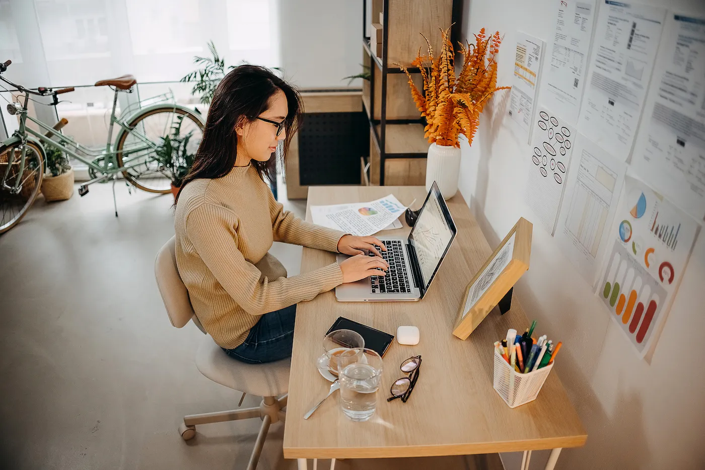 Woman works online on her laptop