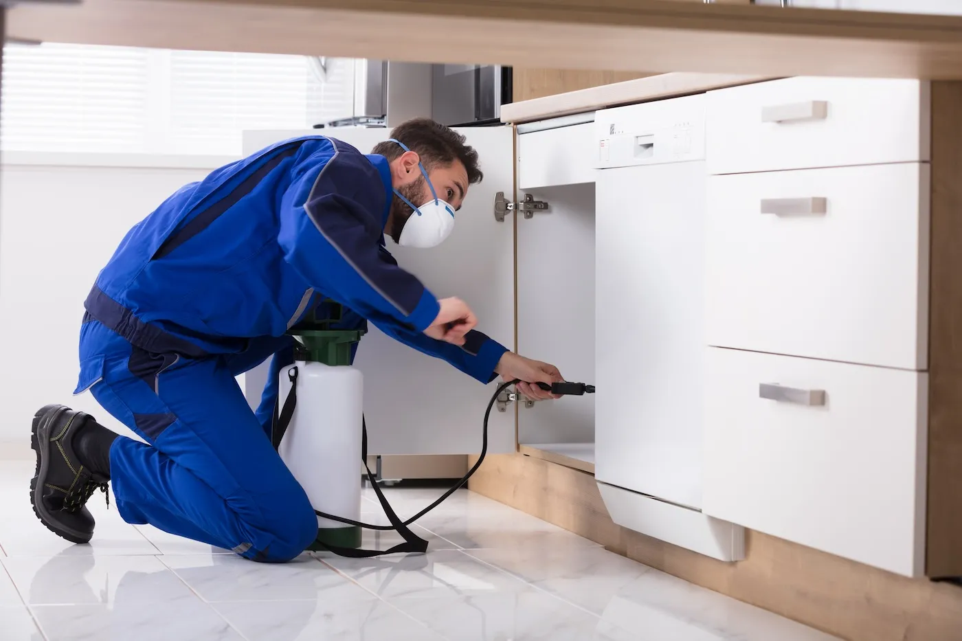 Man Spraying Pesticide Inside The Wooden Cabinet In The Kitchen