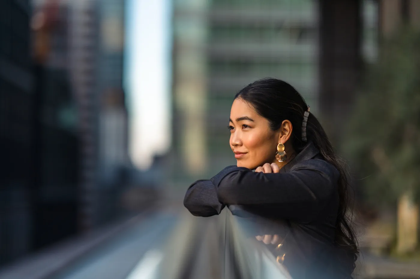 A portrait of a beautiful businesswoman in the city.