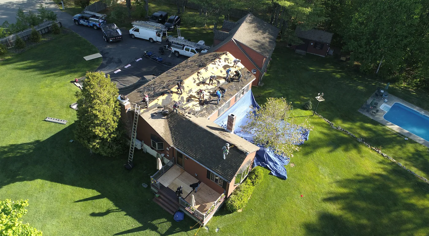 Aerial view of home roof replacement