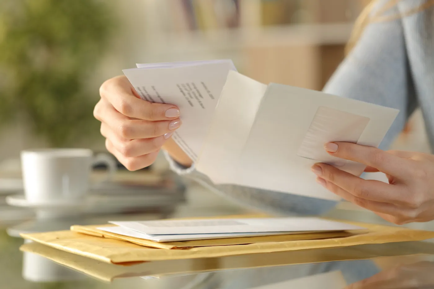 A woman's hands opening an envelope with financial documents on a desk at home