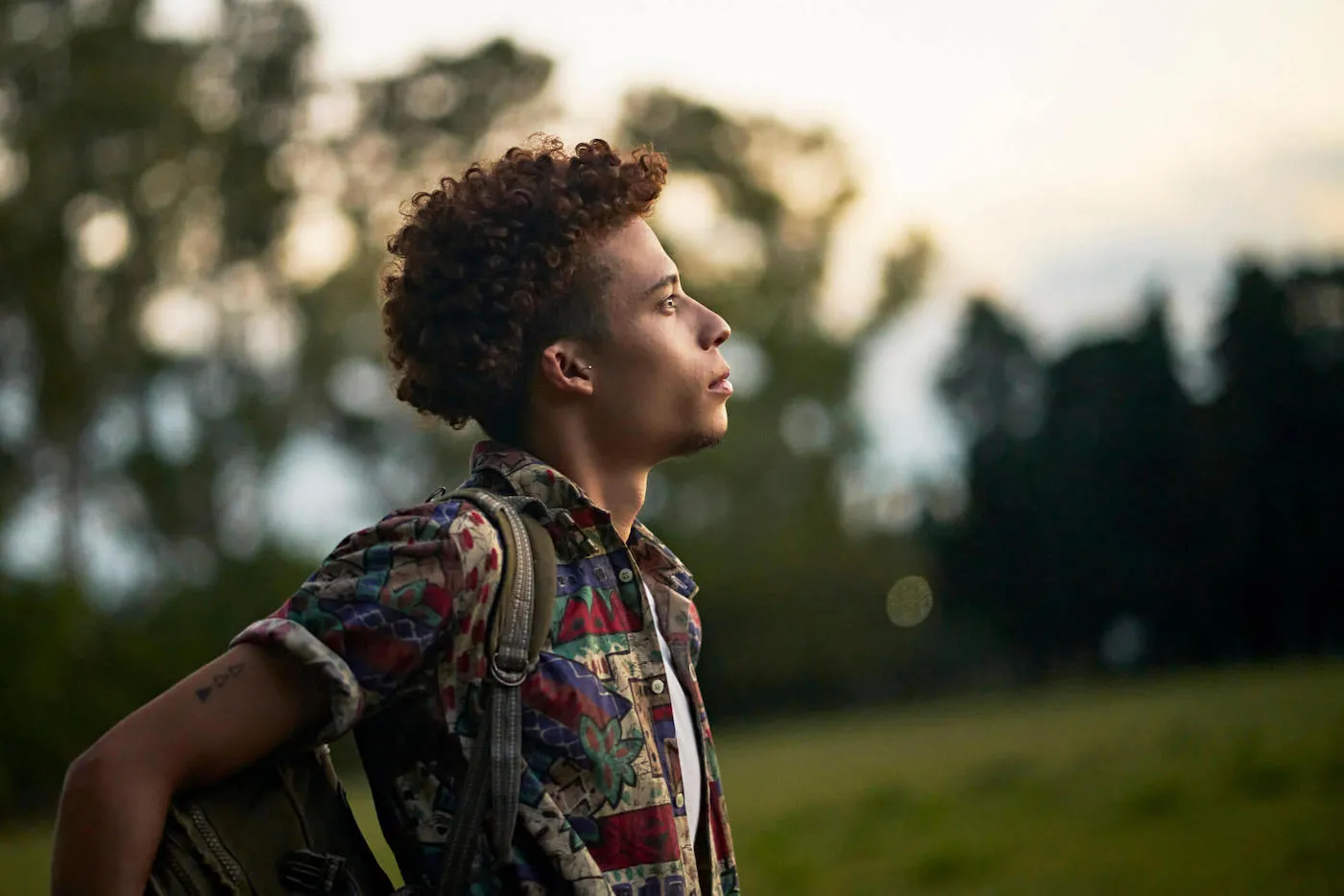 Portrait of mid 20s African-American man outdoors at dusk.