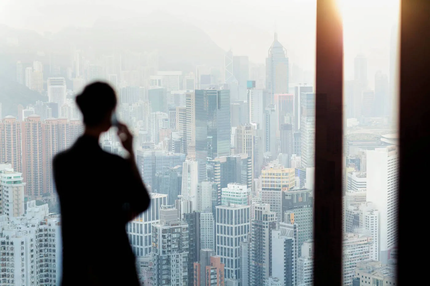 Silhouette of business woman looking at citiscape from the window of a building.