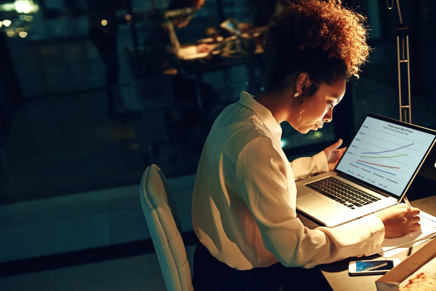 An accredited investor works on a laptop at a desk late at night.