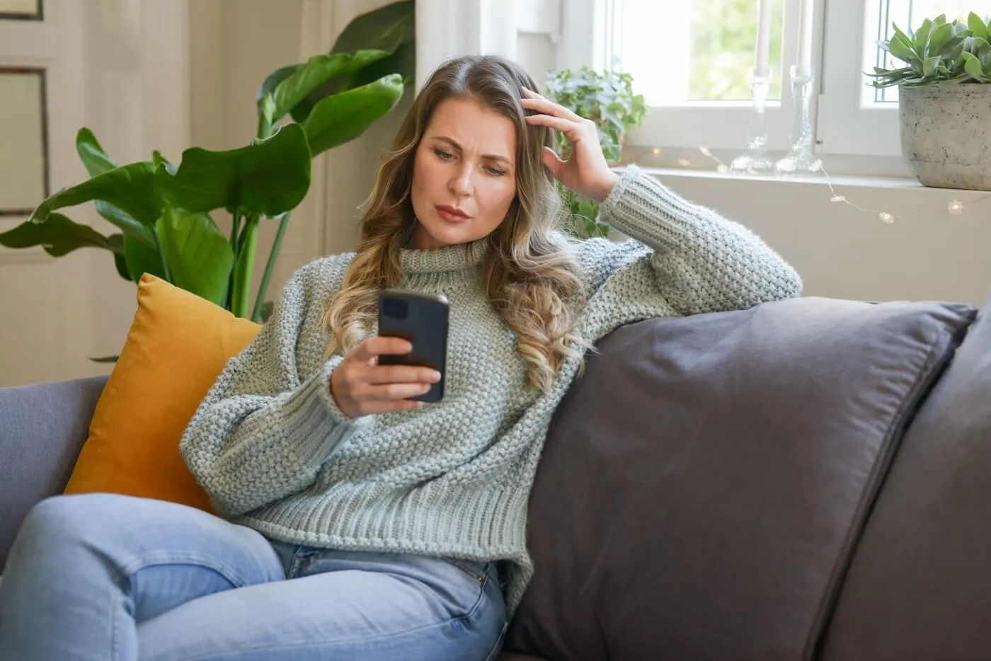 Concerned mature woman checking messages on her smartphone