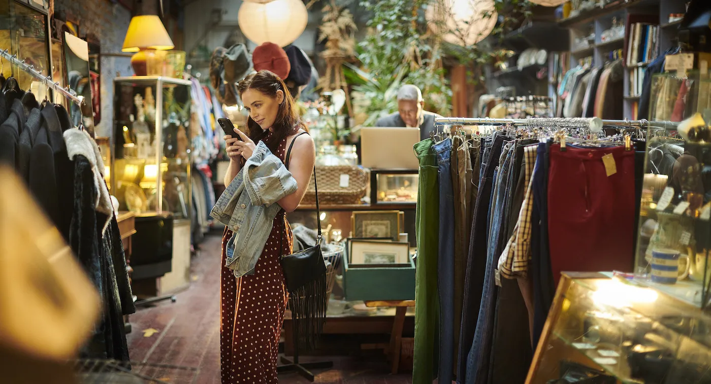 woman looking at smartphone in clothing store.