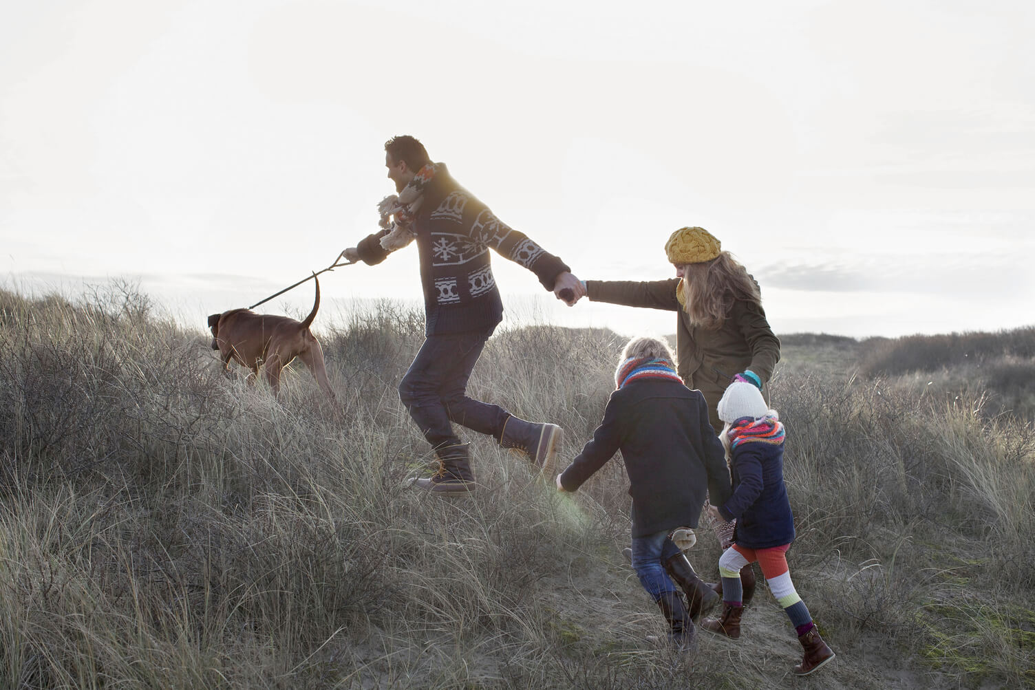 Family of four being led by their leashed dog over a small grassy hill