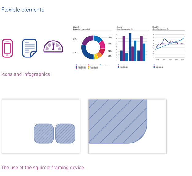 Flexible Experian elements such as data art graphics, icons and infographics and use of Squircle framing