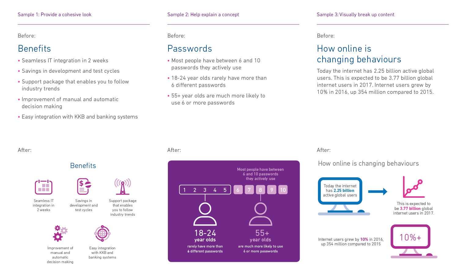 Experian branded iconography showing how adding icons can help the reader better understand information