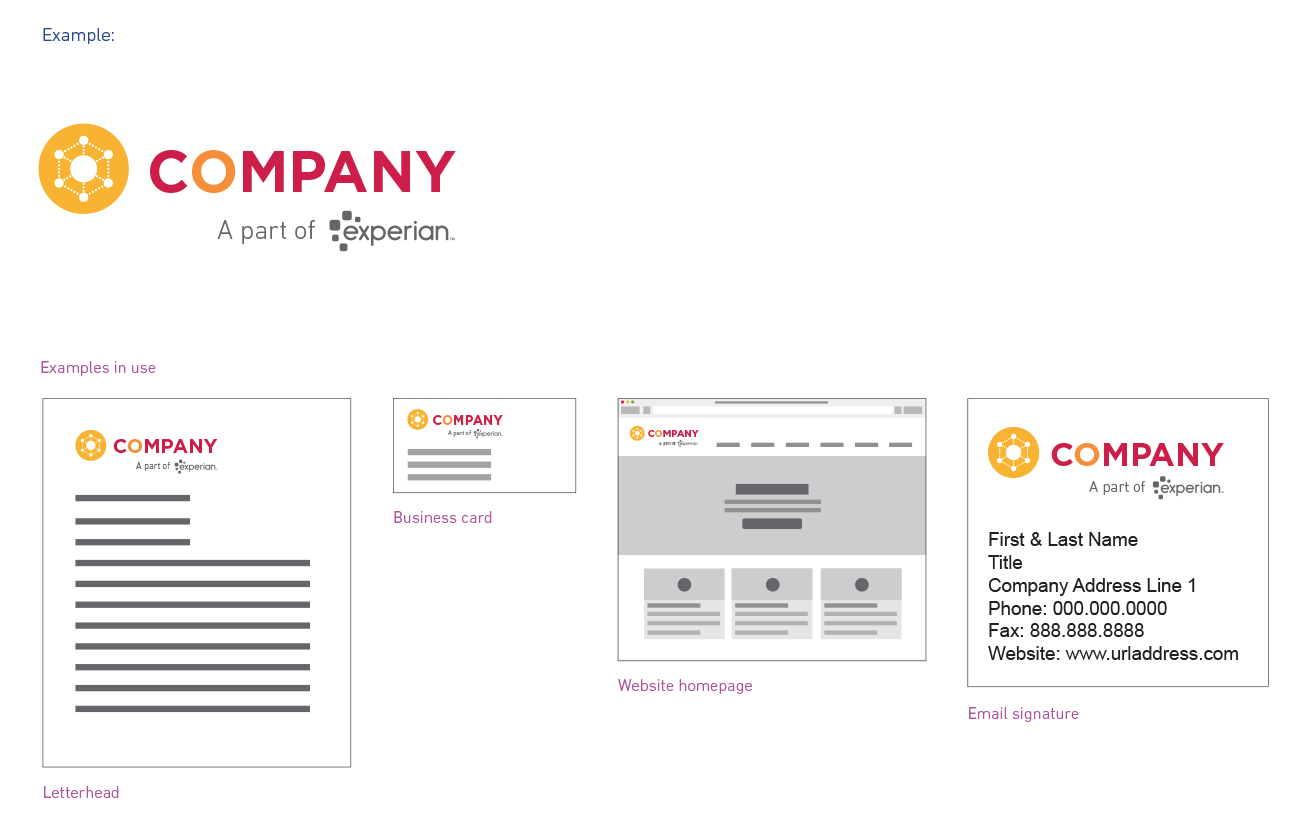 Roll out approach of company logo with Experian brand mark being used in different communication materials