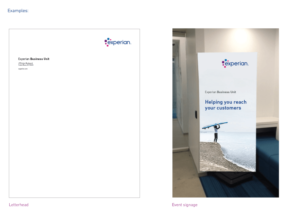 Experian business unit displayed in letterhead and event signage format