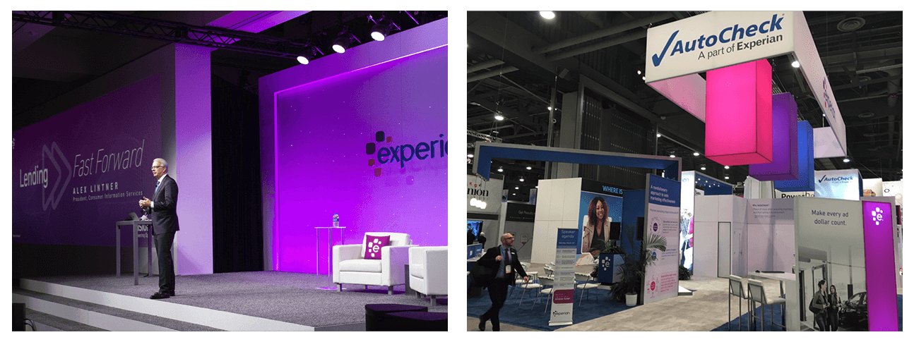 Conference stage and exhibition booth decorated appropriately in the Experian brand