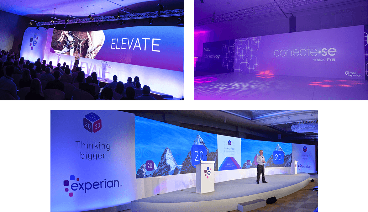 Conference and trade show stages decorated in the Experian brand