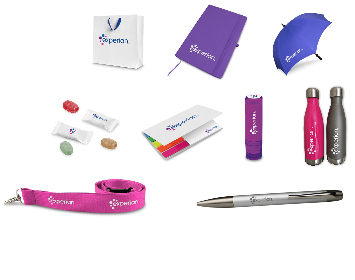 Experian branded promotional items from lanyards, pens and water bottles to umbrellas, sticky notes and notebooks.