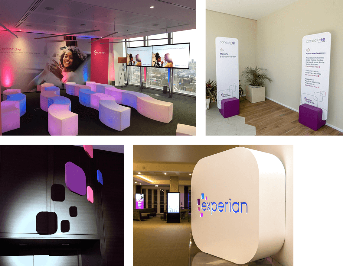 Examples of Experian branded exhibition elements from colourfuly lit plastic seats to large squircle marquee