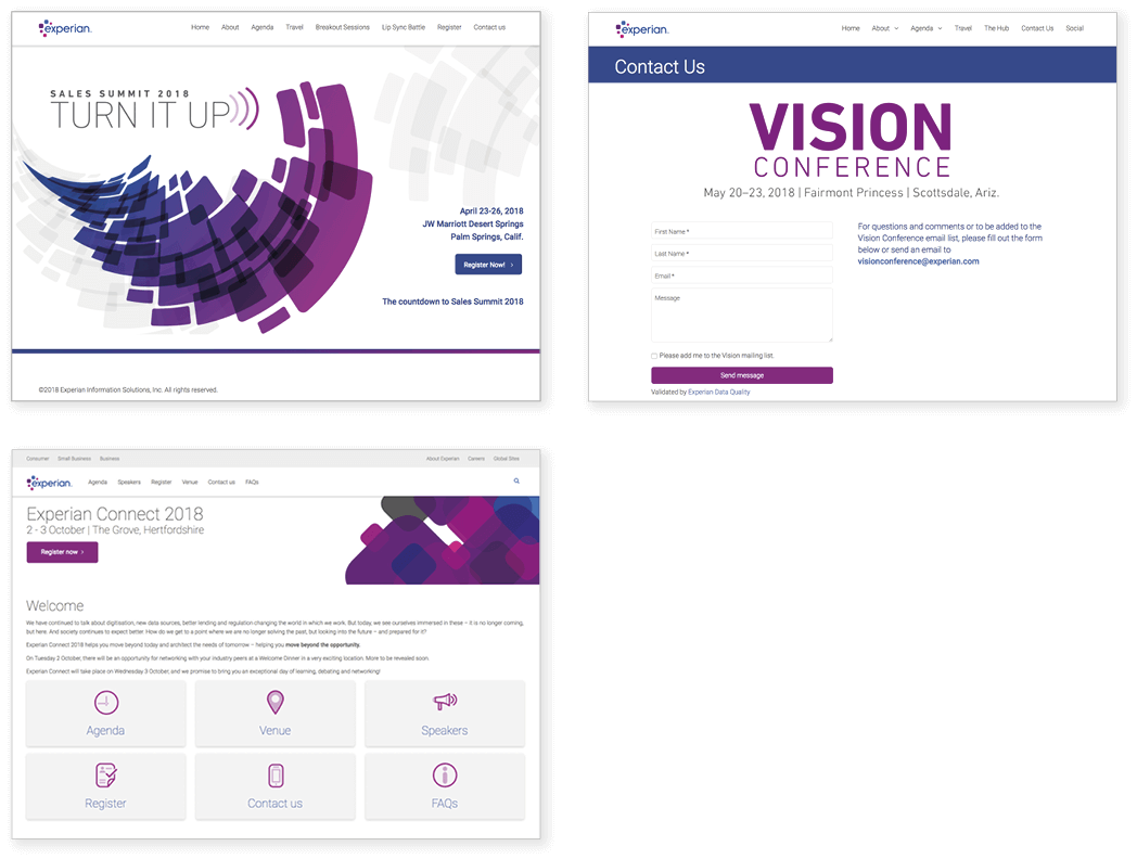 Three examples of landing pages for different Experian conferences