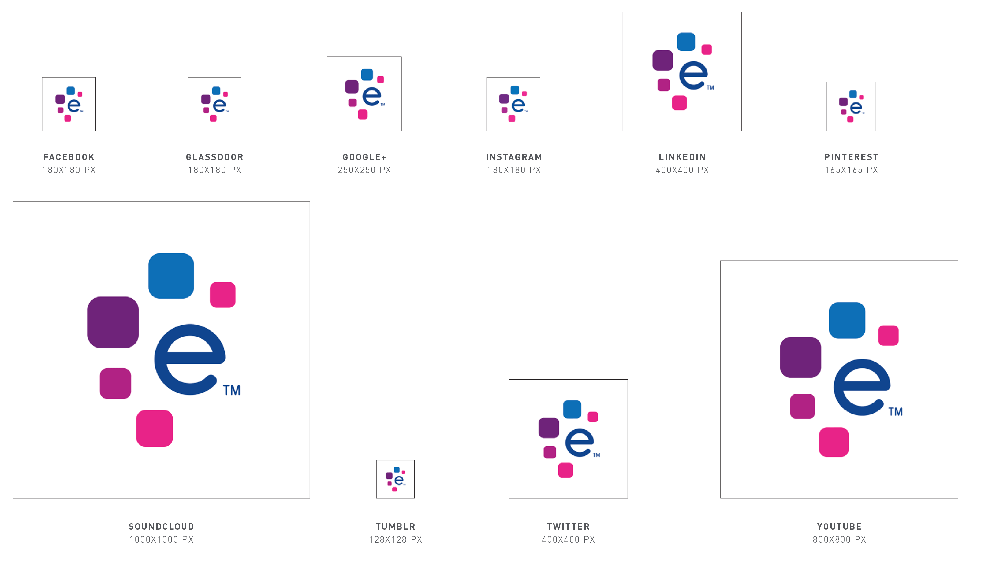 Examples of the Experian abbreviated icon in different sizes for various social media sites