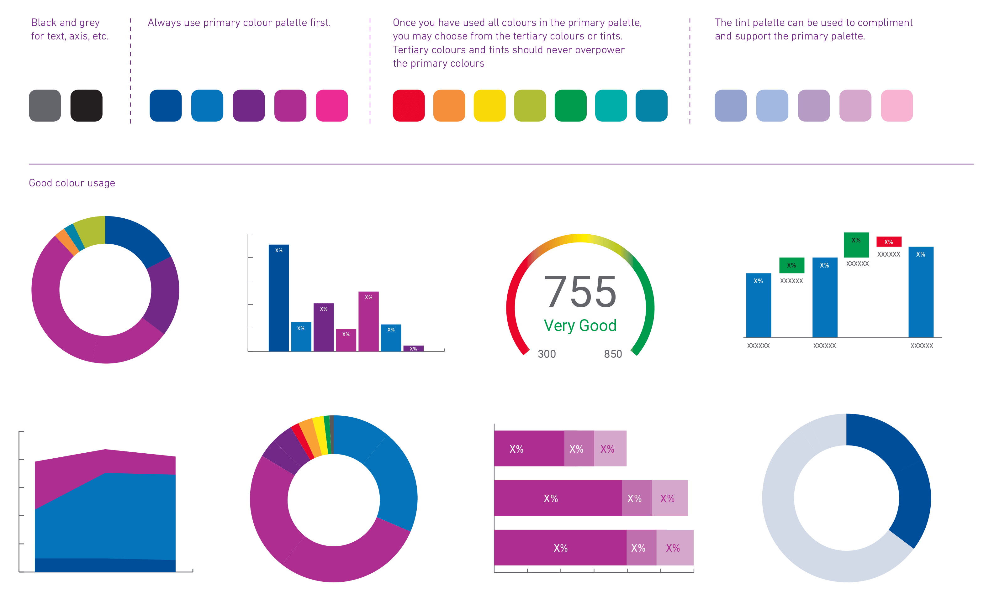 Charts and graphs exemplifying proper usage of Experian colours