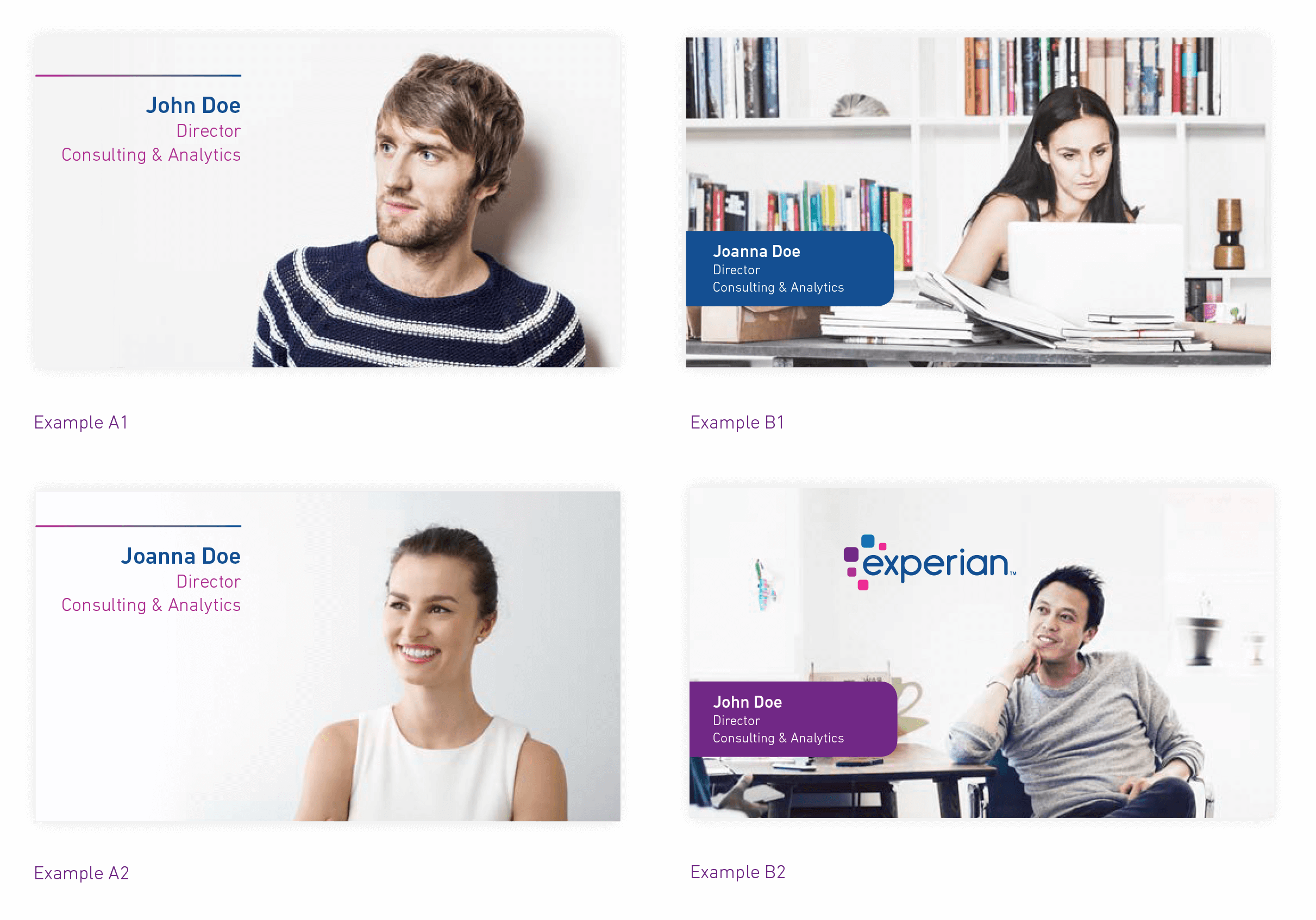 Four video stills with examples of Experian branded speaker titles