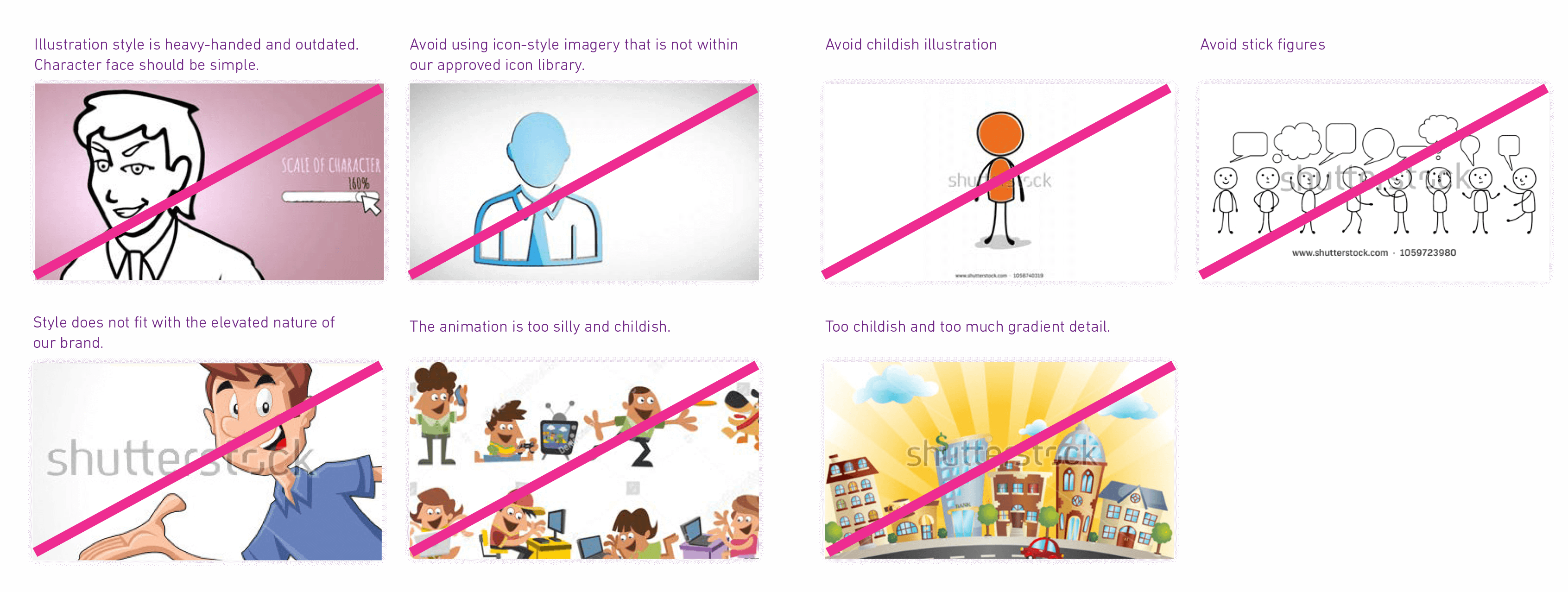 Eight examples of animation styles to avoid that do not work with the Experian brand.