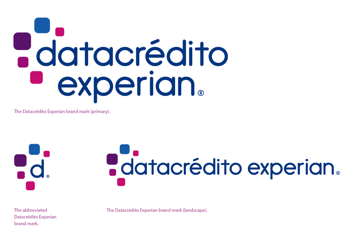 Datacredito Experian local market variation logo displayed in primary form, abbreviated and long form