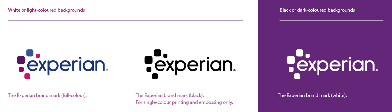 Experian primary brand mark properly used on light and coloured backgrounds