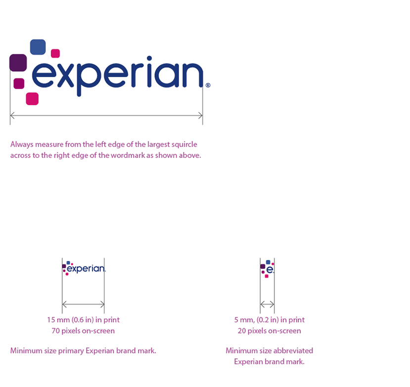 Experian primary and abbreviated brand marks shown in minimum acceptable sizes