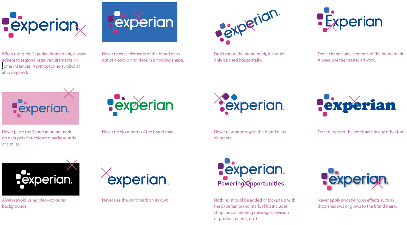 Experian primary brand mark misused on various backgrounds, orientations and designs