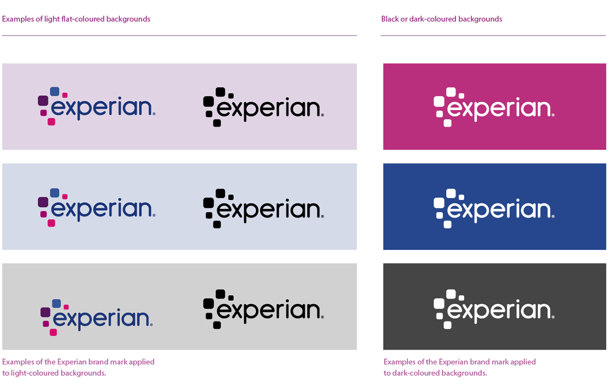 Full color, black and white Experian brand marks sitting on light and dark coloured backgrounds