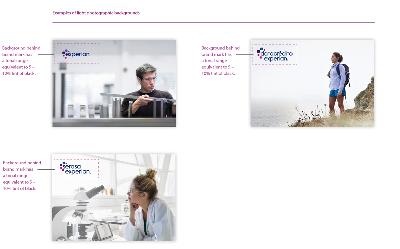 Examples of multi-regional Experian brand marks used on light background photography