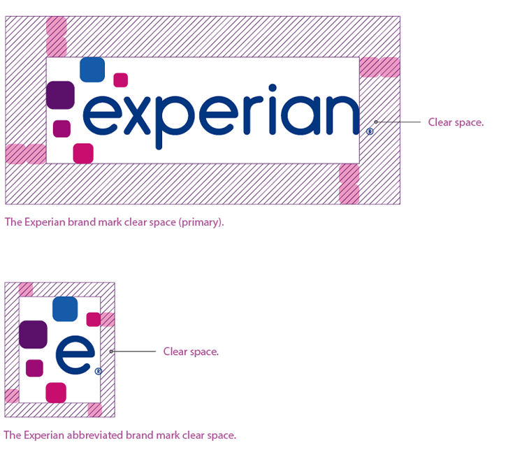 Experian primary and abbreviated brand marks shown with proper clear space around them 