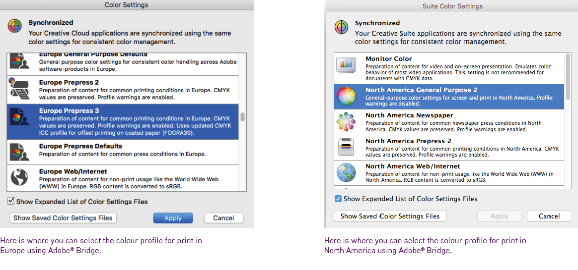 Print colour profile settings shown highlighting Europe Prepress 3 and North America General Purpose 2