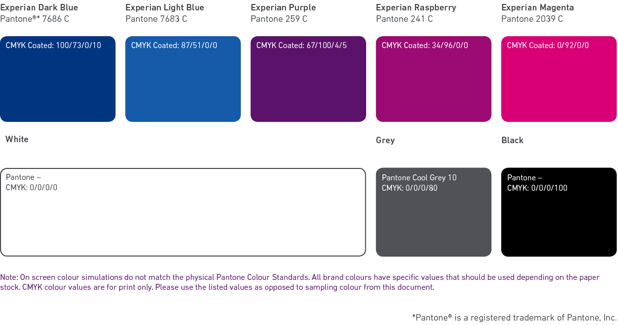 Experian primary print colour palette shown with blues, purple, pinks and blacks.