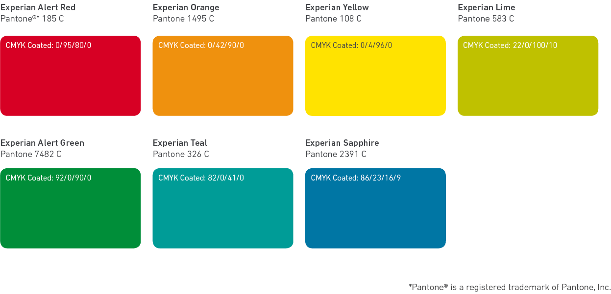 Experian tertiary print colour palette shown in red, orange, yellow, greens and blues