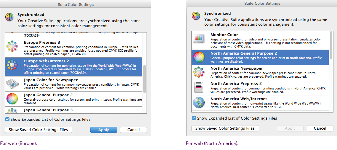 Web colour profile settings shown highlighting Europe Web/Internet 2 and North America General Purpose 2