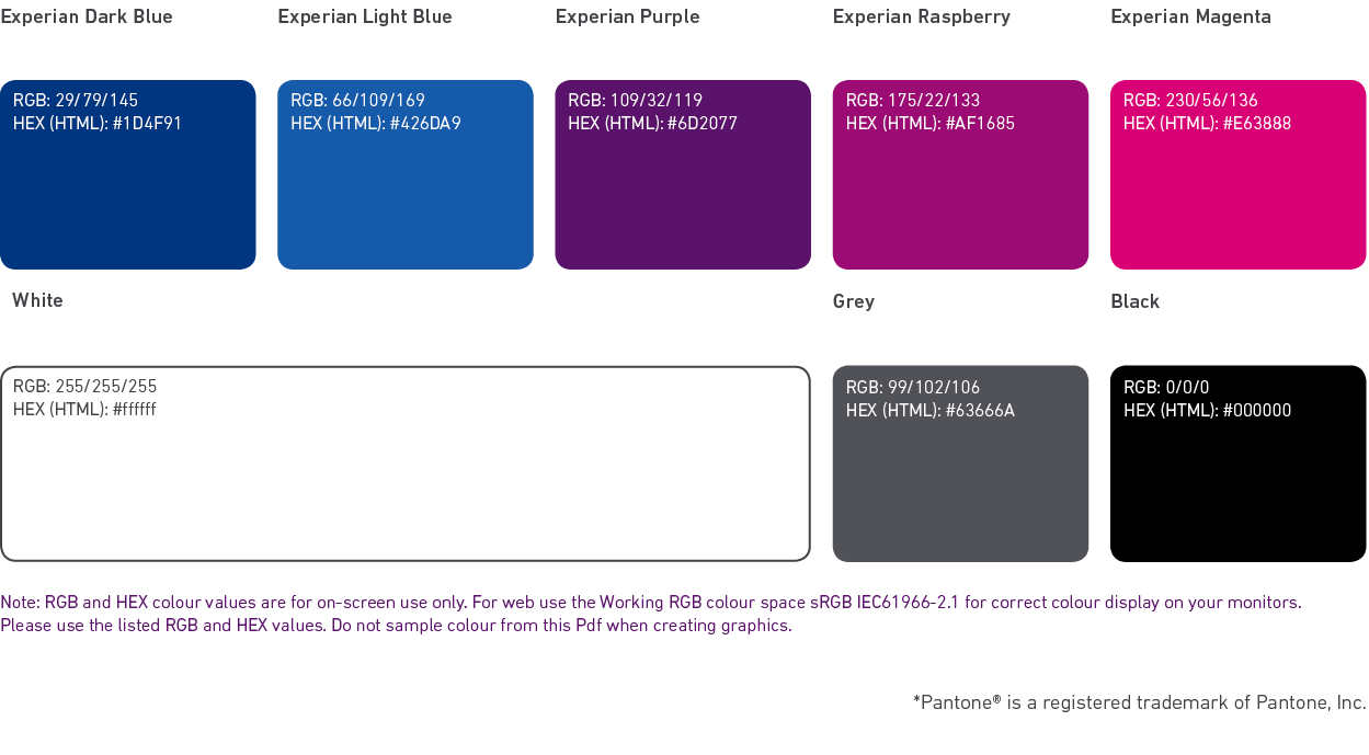 Experian primary web colour palette shown with blues, purple, pinks and blacks