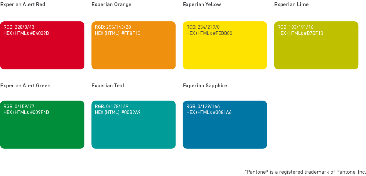 Experian tertiary web colour palette shown in red, orange, yellow, greens and blues