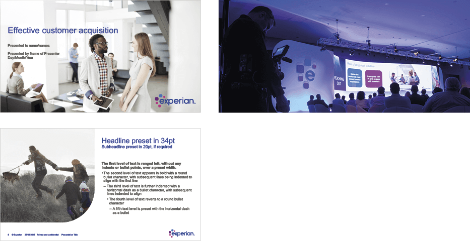 Experian branded powerpoint title pages being shown in different formats and layouts