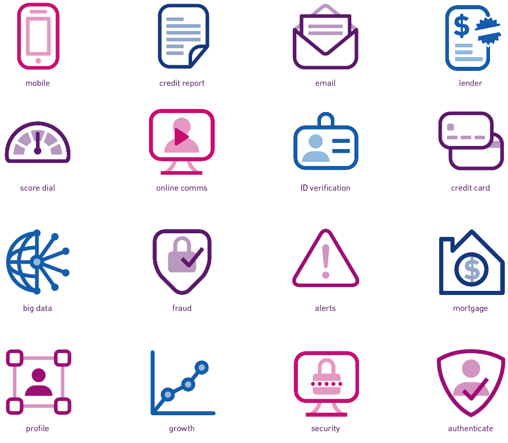 Sixteen examples in four columns of various custom made primary Experian icons