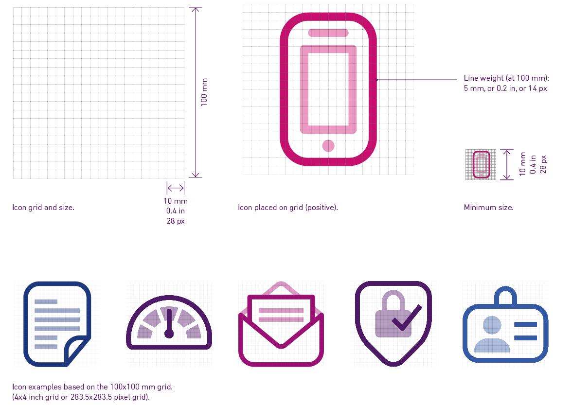 Example image of how to design an icon on a 100x100 mm grid 