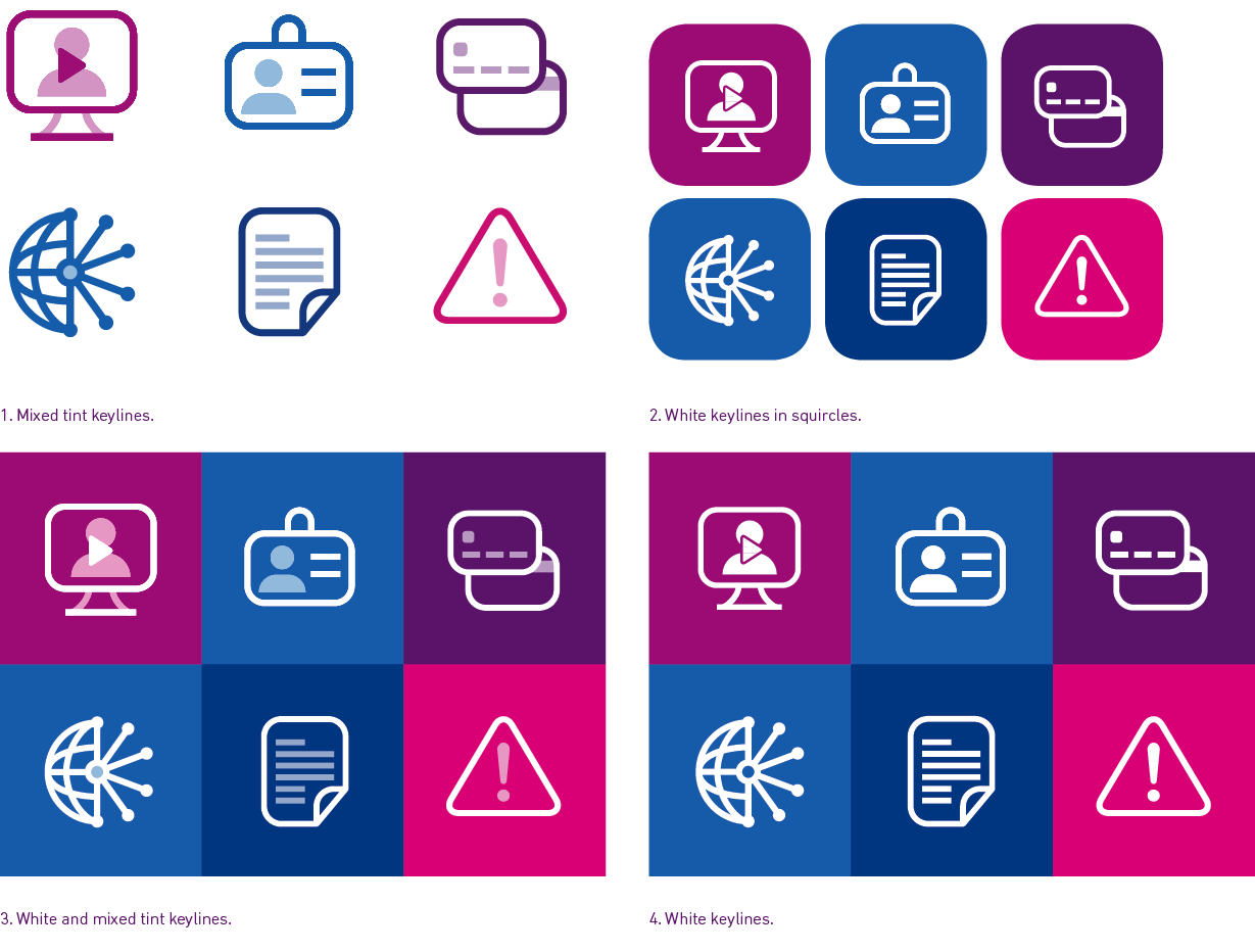 Various Experian icons being used in mixed tints, white and mixed tints, and white keylines. 