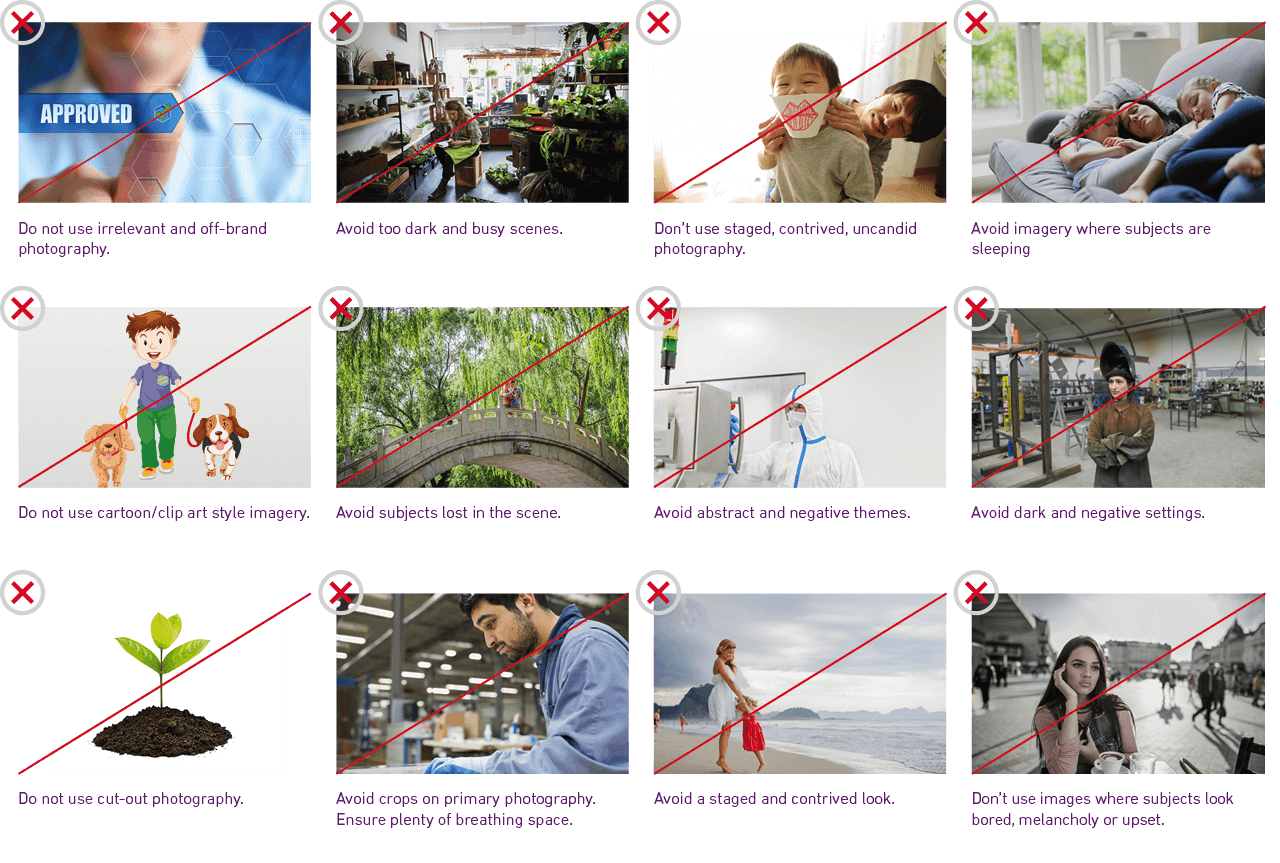 Twelve images in four columns highlighting incorrect uses of photography