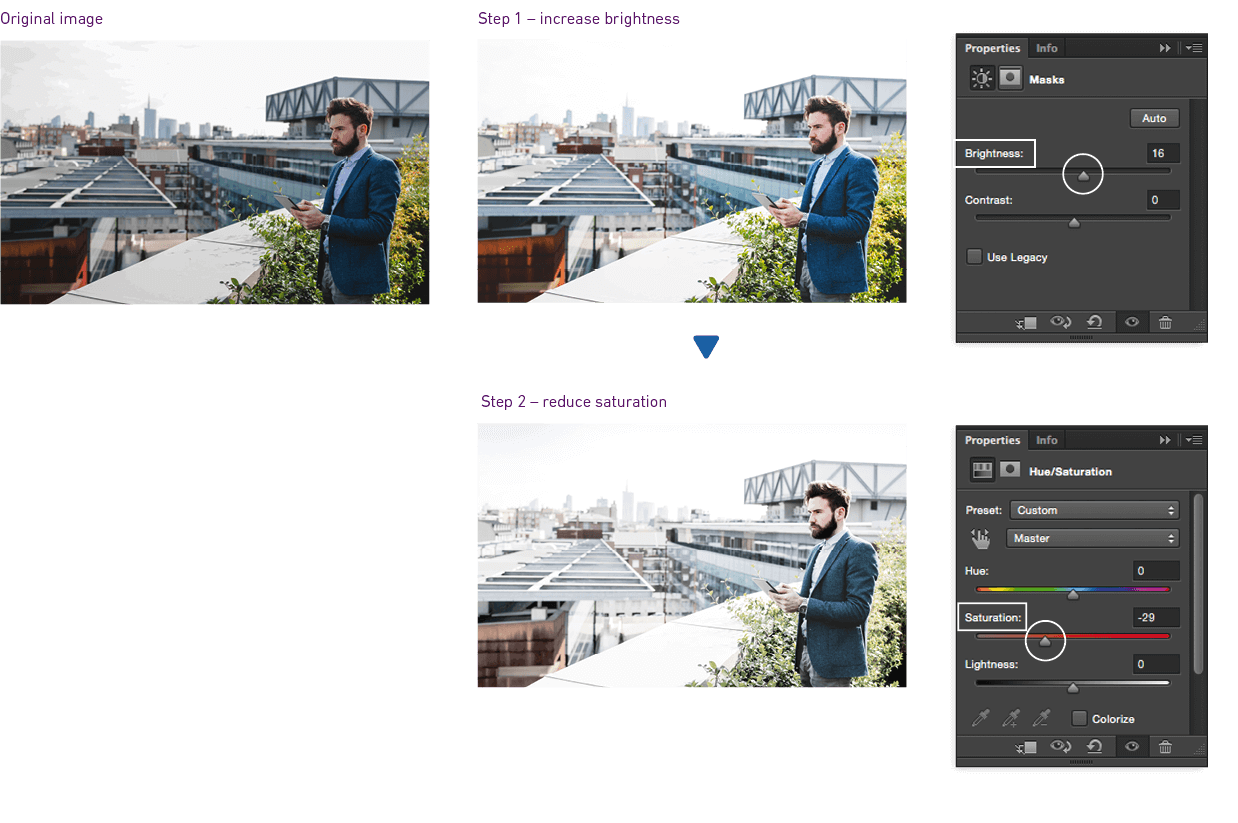 Three sequential images of a businessman outdoors with example of brightness and saturation being applied in Photoshop